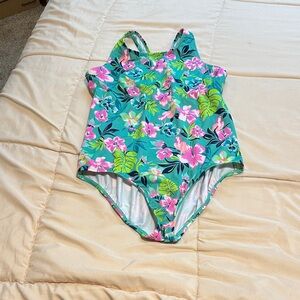 Lands' End Kids One Piece Swimsuit - Teal with Pink Floral